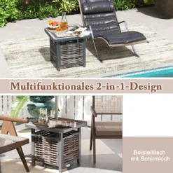 Outdoor PE Rattan Gartentisch mit Harz-Tischplatte & Sonnenschirmloch Couchtisch für Garten