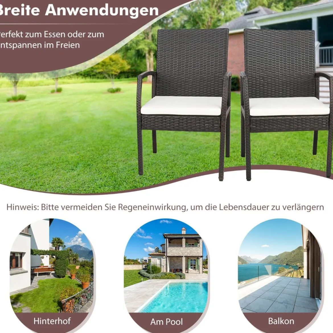 Outdoor-PE-Rattanstühle mit weichen Reißverschlusskissen Rattansessel für Garten