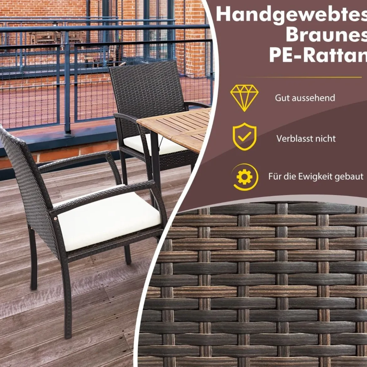 Outdoor-PE-Rattanstühle mit weichen Reißverschlusskissen Rattansessel für Garten