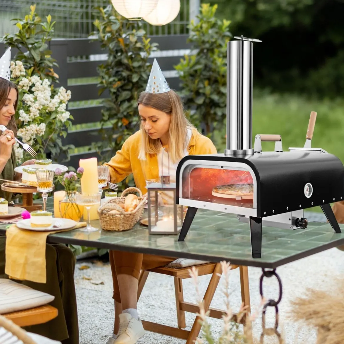 Outdoor Pizzaofen aus Edelstahl mit Pizzastein & Pizzaschaufel & Thermometer & Tragetasche