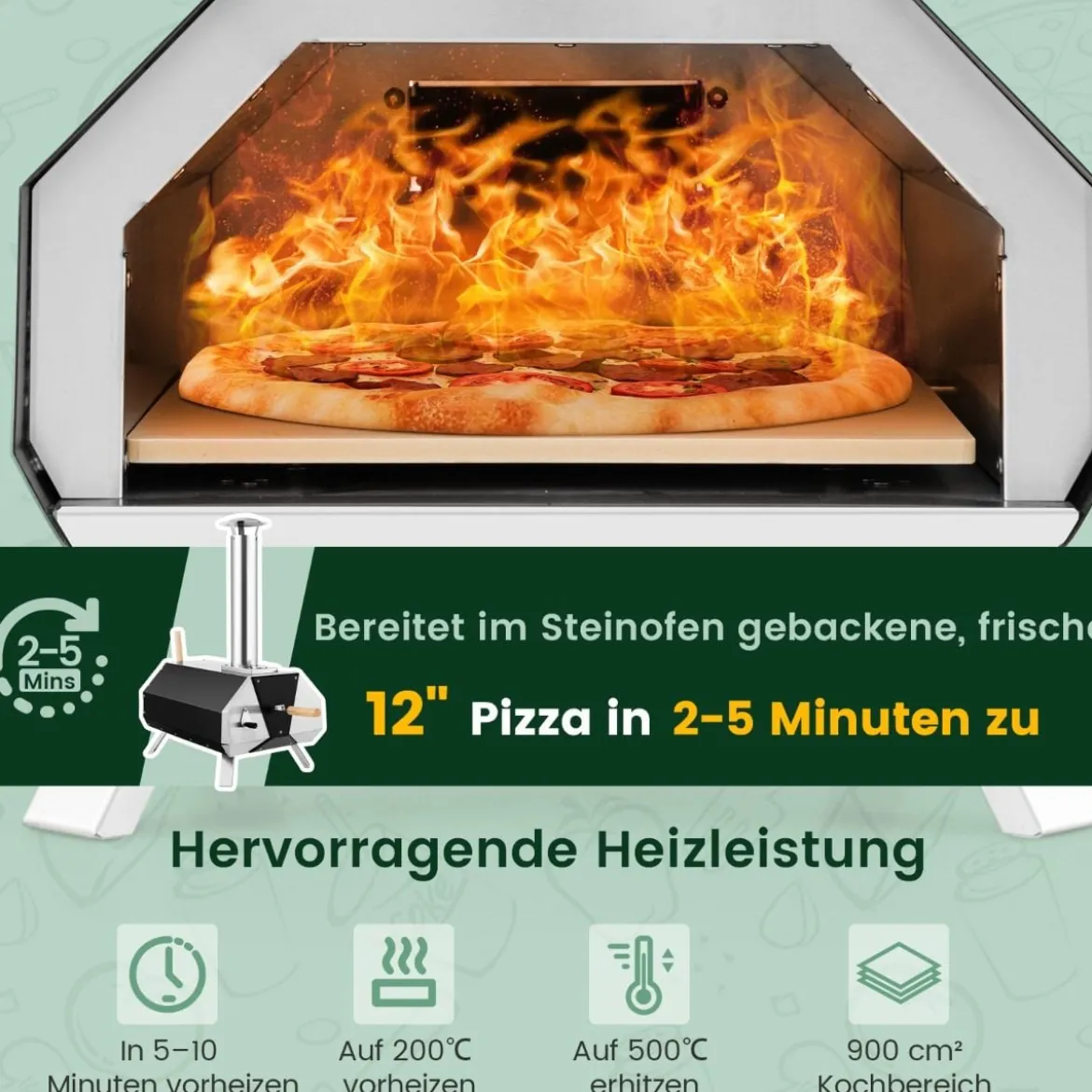 Outdoor Pizzaofen mit Pizzastein & Pizzaschaufel & Thermometer & Klappbaren Beinen