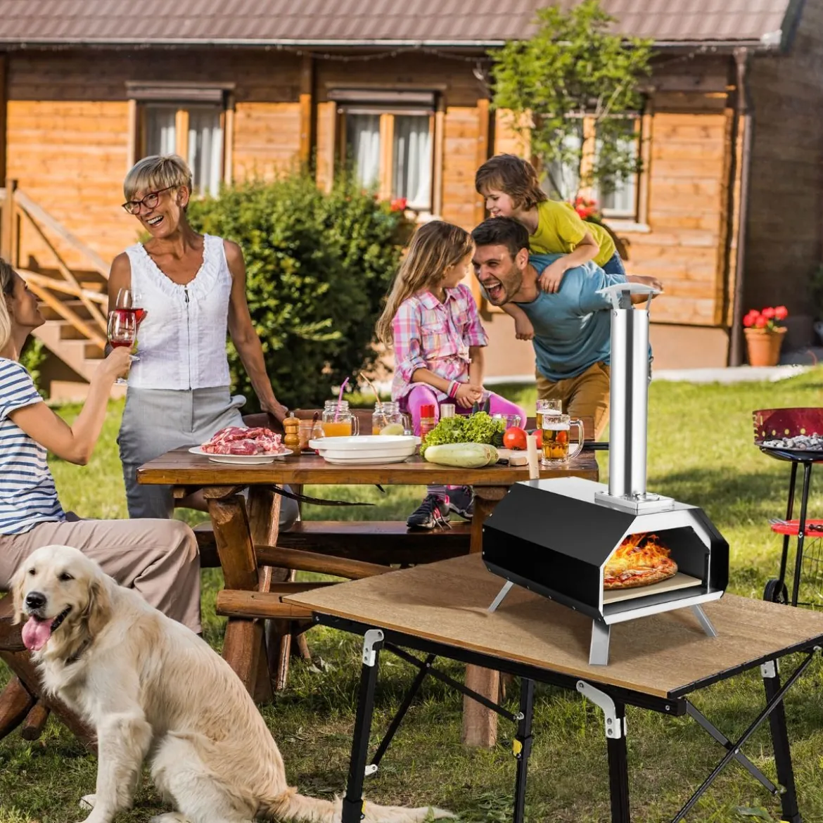 Outdoor Pizzaofen mit Pizzastein & Pizzaschaufel & Thermometer & Klappbaren Beinen