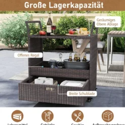 Outdoor Rattan-Barwagen rollbarer Bartresen mit gehärteter Glasplatte offenes Ablagefach Braun