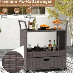 Outdoor Rattan-Barwagen rollbarer Bartresen mit gehärteter Glasplatte offenes Ablagefach Braun