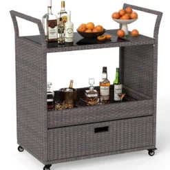 Outdoor Rattan-Barwagen rollbarer Bartresen mit gehärteter Glasplatte offenes Ablagefach Braun