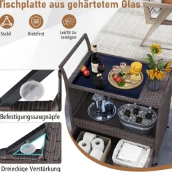 Outdoor Rattan-Barwagen rollbarer Bartresen mit gehärteter Glasplatte offenes Ablagefach Braun