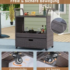 Outdoor Rattan-Barwagen rollbarer Bartresen mit gehärteter Glasplatte offenes Ablagefach Braun