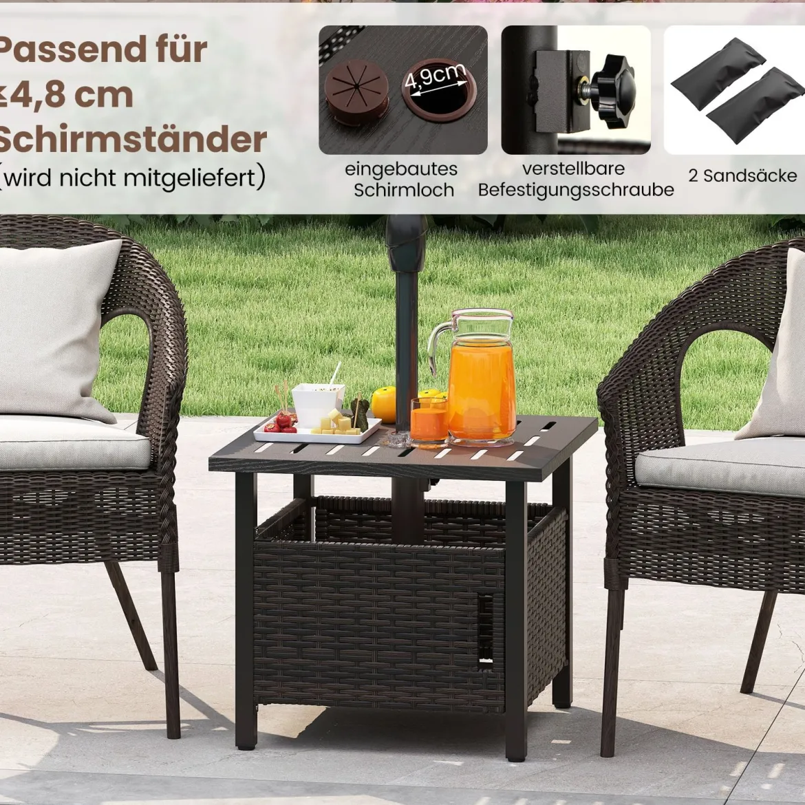 Outdoor Rattan Beistelltisch Wetterfester Gartentisch mit Schirmloch kleiner Balkontisch