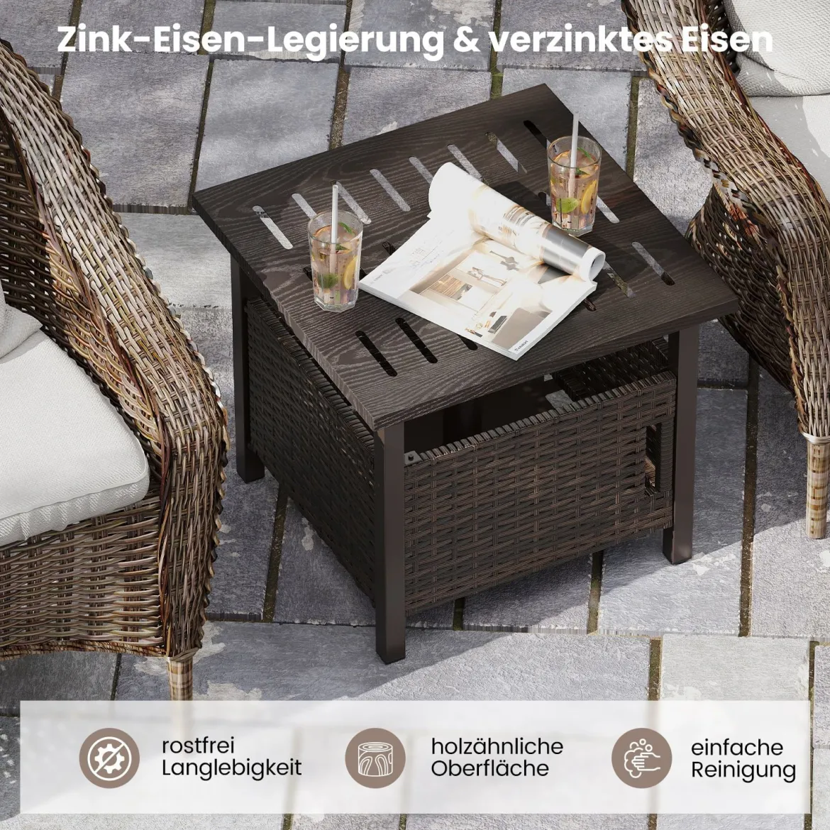 Outdoor Rattan Beistelltisch Wetterfester Gartentisch mit Schirmloch kleiner Balkontisch