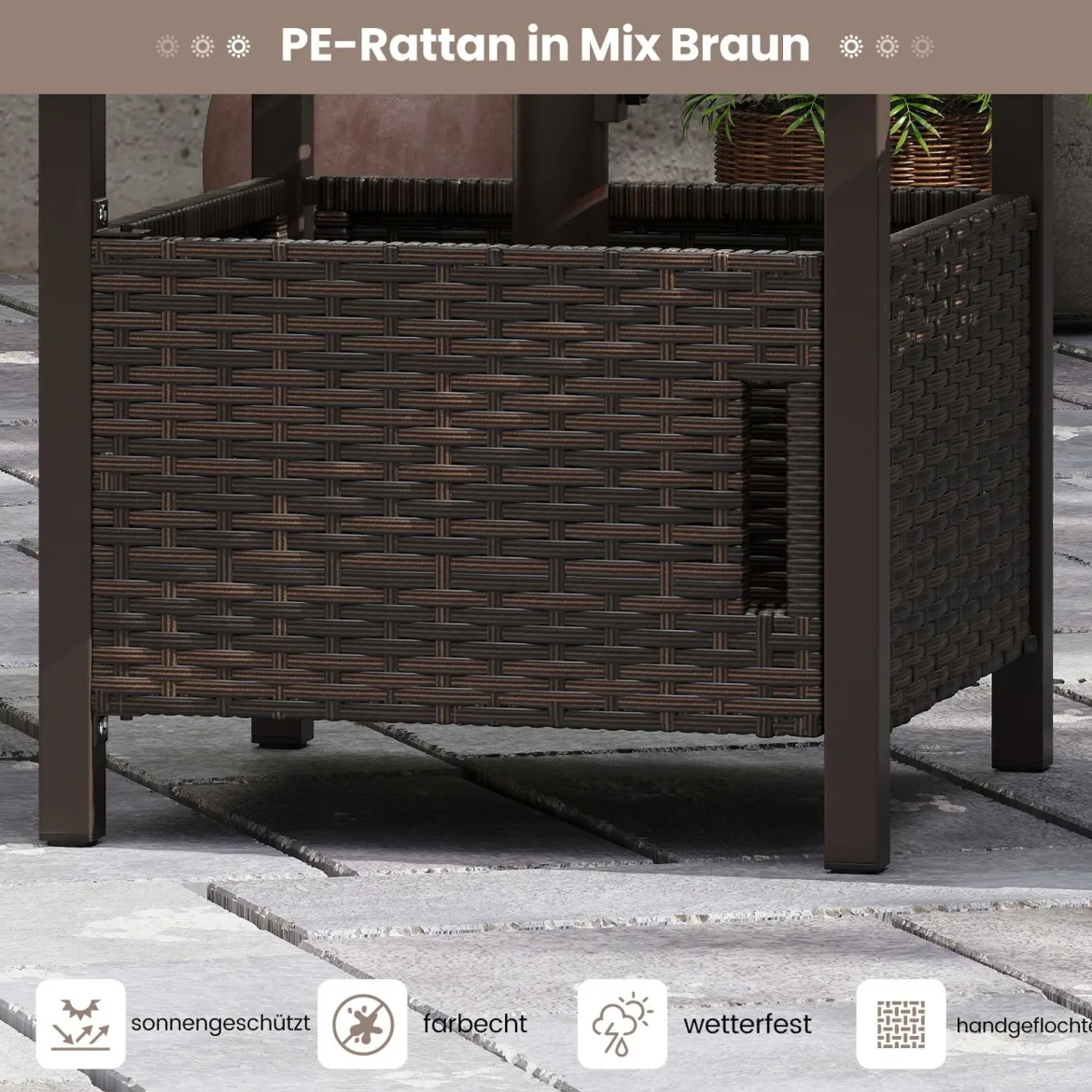 Outdoor Rattan Beistelltisch Wetterfester Gartentisch mit Schirmloch kleiner Balkontisch