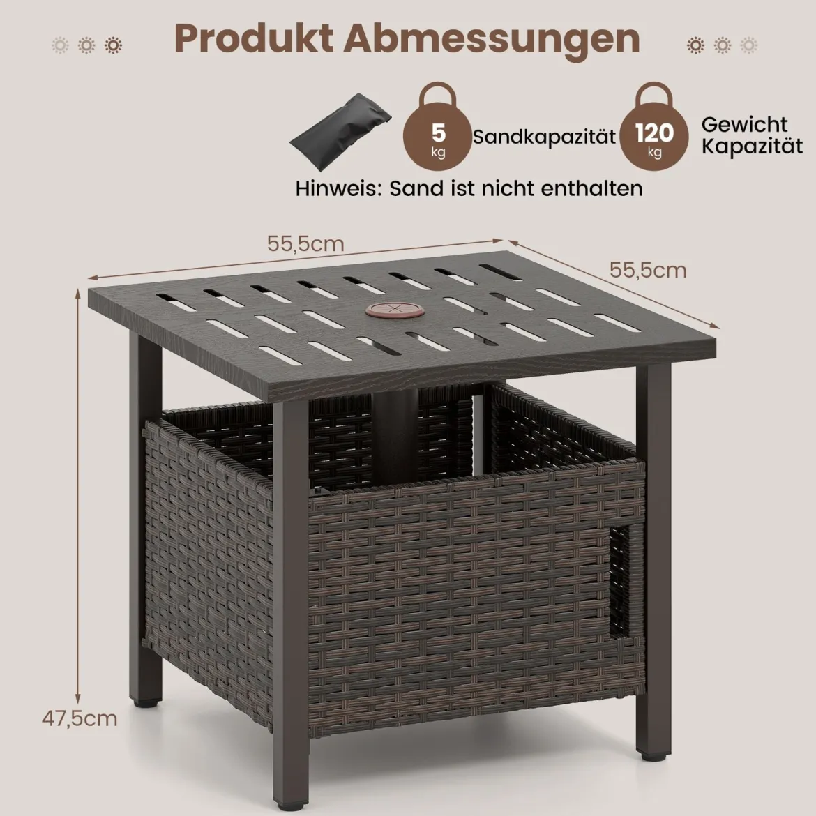 Outdoor Rattan Beistelltisch Wetterfester Gartentisch mit Schirmloch kleiner Balkontisch