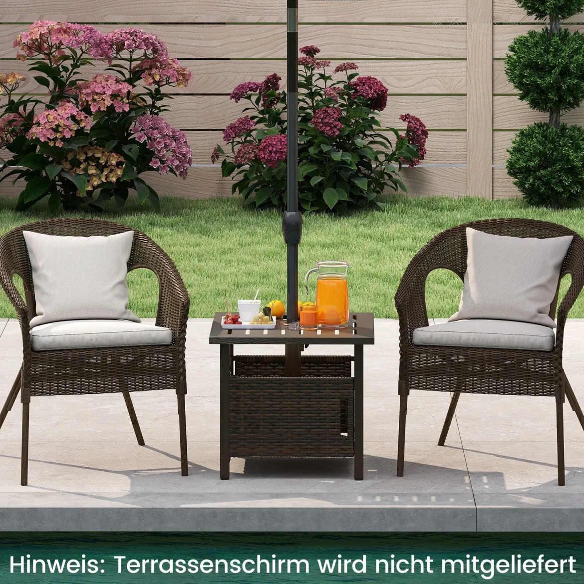 Outdoor Rattan Beistelltisch Wetterfester Gartentisch mit Schirmloch kleiner Balkontisch