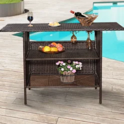 Outdoor Rattan-Theke mit 2 Ablageflächen Polyrattan Gartenbar 140 x 47 x 92 cm Braun