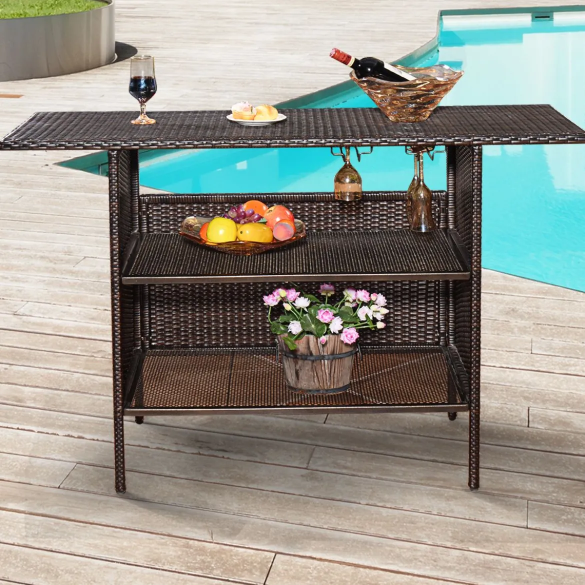 Outdoor Rattan-Theke mit 2 Ablageflächen Polyrattan Gartenbar 140 x 47 x 92 cm Braun