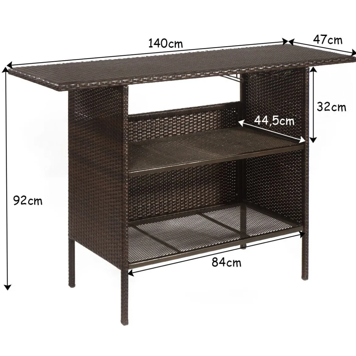 Outdoor Rattan-Theke mit 2 Ablageflächen Polyrattan Gartenbar 140 x 47 x 92 cm Braun
