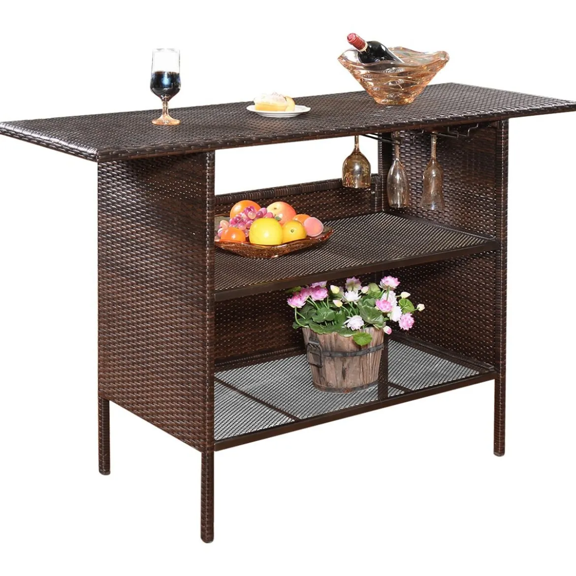 Outdoor Rattan-Theke mit 2 Ablageflächen Polyrattan Gartenbar 140 x 47 x 92 cm Braun