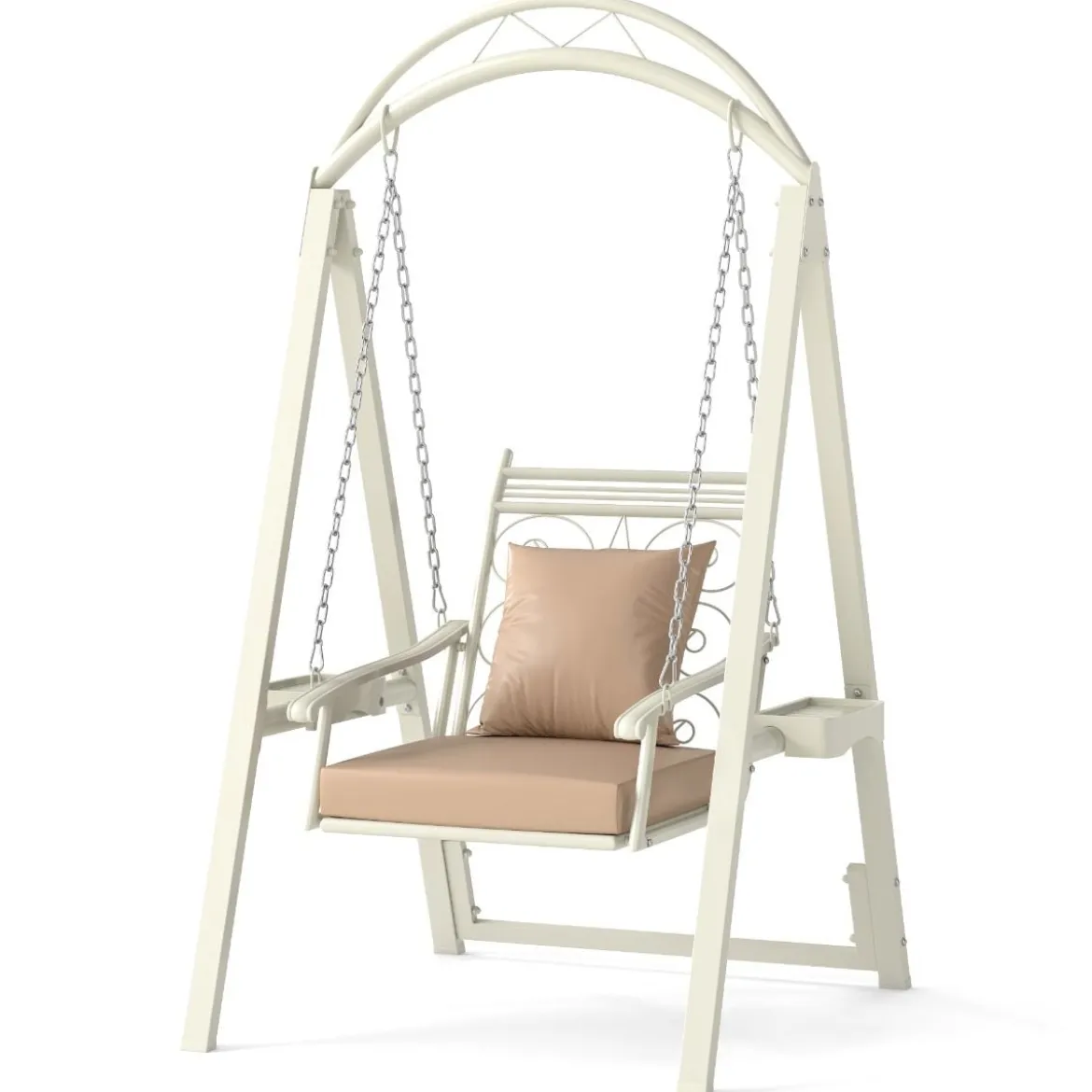 Outdoor-Schaukel mit Gestell Terrassenschaukel mit Kissen & Seitentischen für Garten Weiß