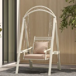 Outdoor-Schaukel mit Gestell Terrassenschaukel mit Kissen & Seitentischen für Garten Weiß
