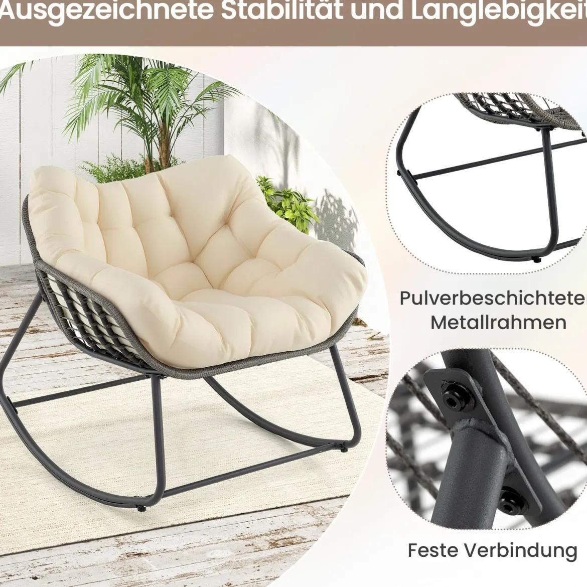 Outdoor-Schaukelstuhl übergroßer Patio PE Wicker Egg Chair mit dickem & abnehmbarem Kissen Beige