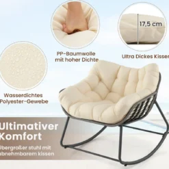 Outdoor-Schaukelstuhl übergroßer Patio PE Wicker Egg Chair mit dickem & abnehmbarem Kissen Beige