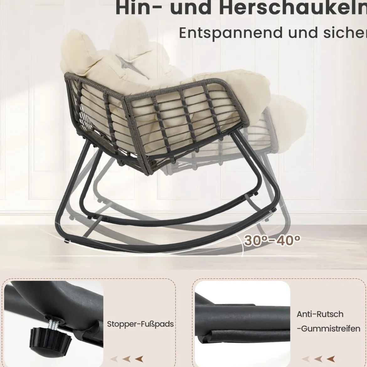 Outdoor-Schaukelstuhl übergroßer Patio PE Wicker Egg Chair mit dickem & abnehmbarem Kissen Beige