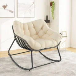 Outdoor-Schaukelstuhl übergroßer Patio PE Wicker Egg Chair mit dickem & abnehmbarem Kissen Beige