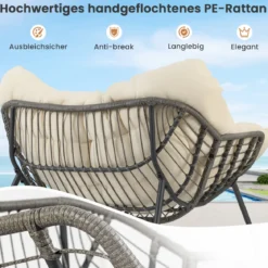Outdoor-Schaukelstuhl übergroßer Patio PE Wicker Egg Chair mit dickem & abnehmbarem Kissen Beige