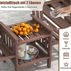 Outdoor-Sofa aus Tannenholz mit 2-stufigem Beistelltisch + 5 cm großem Schirmloch 2-Sitzer-Gartenstuhl Braun