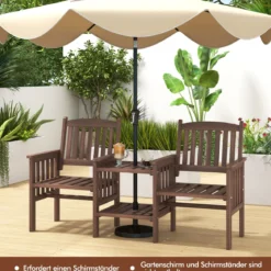 Outdoor-Sofa aus Tannenholz mit 2-stufigem Beistelltisch + 5 cm großem Schirmloch 2-Sitzer-Gartenstuhl Braun