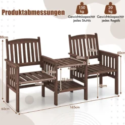 Outdoor-Sofa aus Tannenholz mit 2-stufigem Beistelltisch + 5 cm großem Schirmloch 2-Sitzer-Gartenstuhl Braun