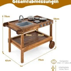 Outdoor-Spielküche mit 2 Rädern & 1 Schiebegriff & Drehbarem Wasserhahn & Abnehmbarem Waschbecken Tannenholz