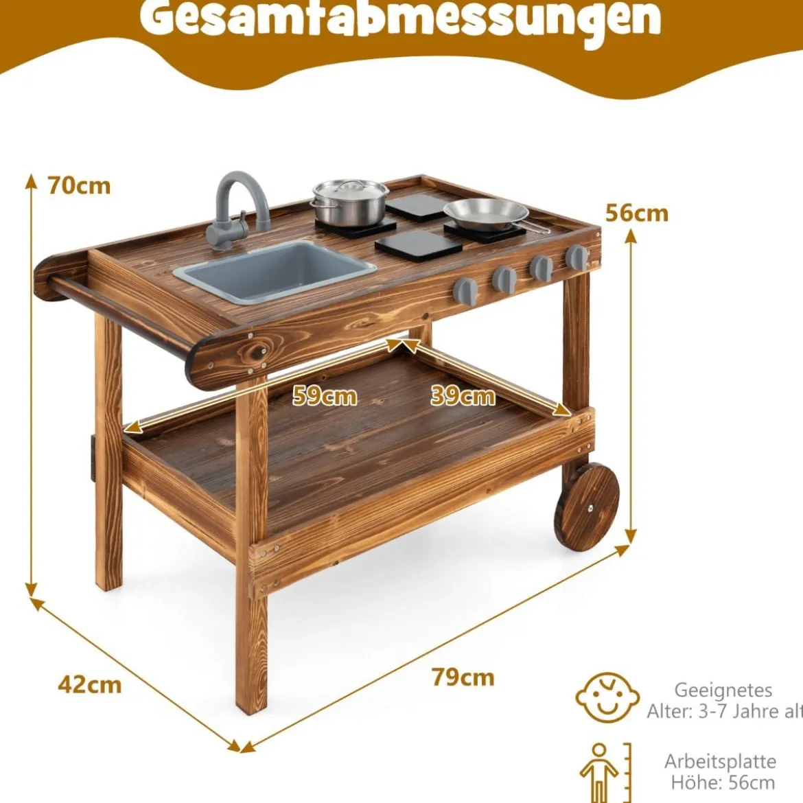Outdoor-Spielküche mit 2 Rädern & 1 Schiebegriff & Drehbarem Wasserhahn & Abnehmbarem Waschbecken Tannenholz