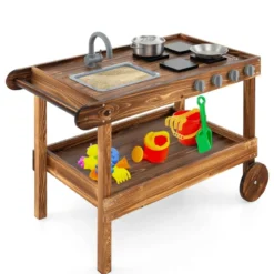 Outdoor-Spielküche mit 2 Rädern & 1 Schiebegriff & Drehbarem Wasserhahn & Abnehmbarem Waschbecken Tannenholz