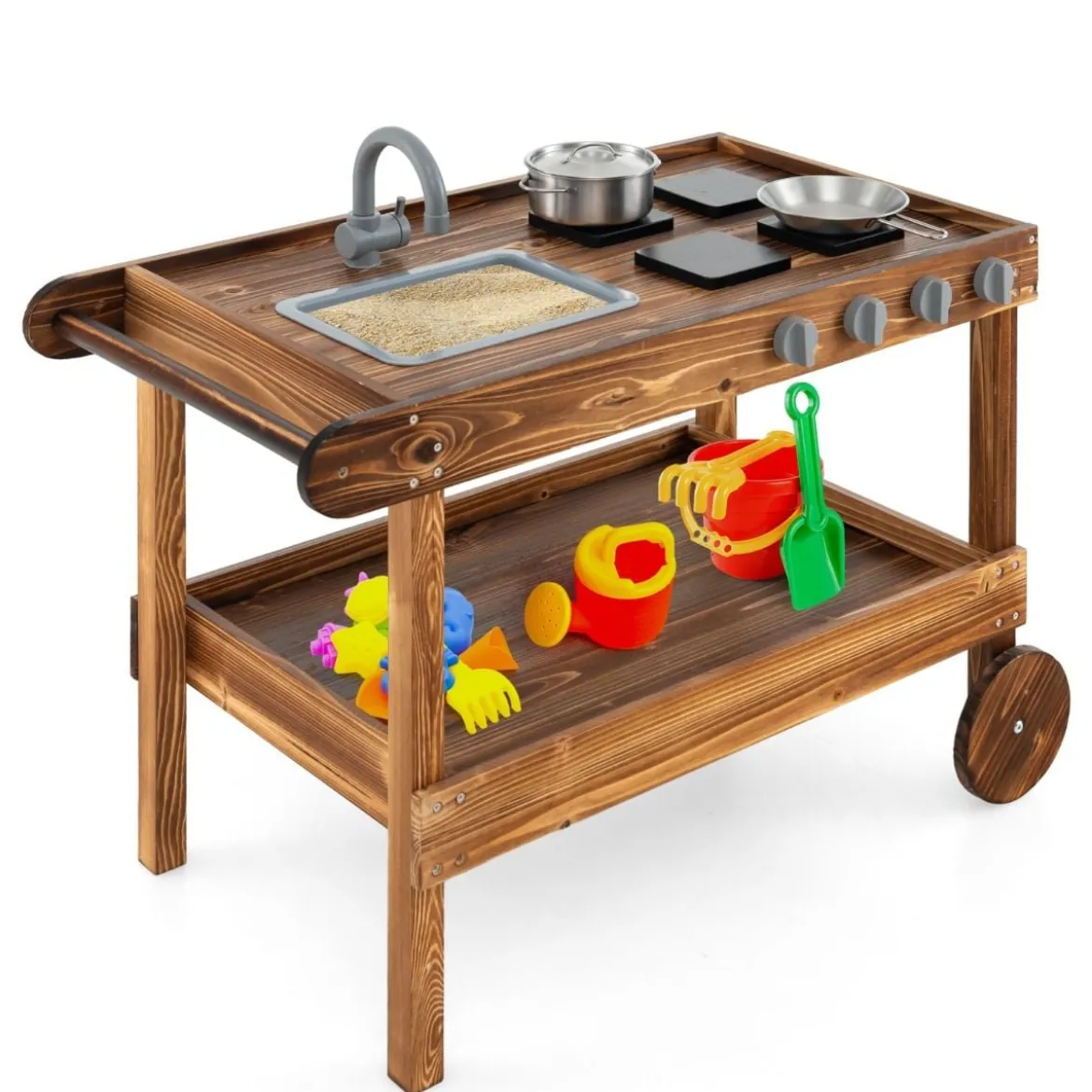 Outdoor-Spielküche mit 2 Rädern & 1 Schiebegriff & Drehbarem Wasserhahn & Abnehmbarem Waschbecken Tannenholz