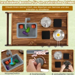 Outdoor-Spielküche mit 2 Rädern & 1 Schiebegriff & Drehbarem Wasserhahn & Abnehmbarem Waschbecken Tannenholz