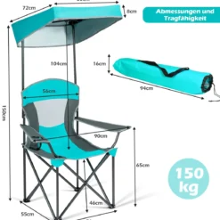 Outdoor-Stuhl mit Sonnenschirm Robuster Campingstuhl mit Sonnendach 90 x 72 x 150 cm Türkis