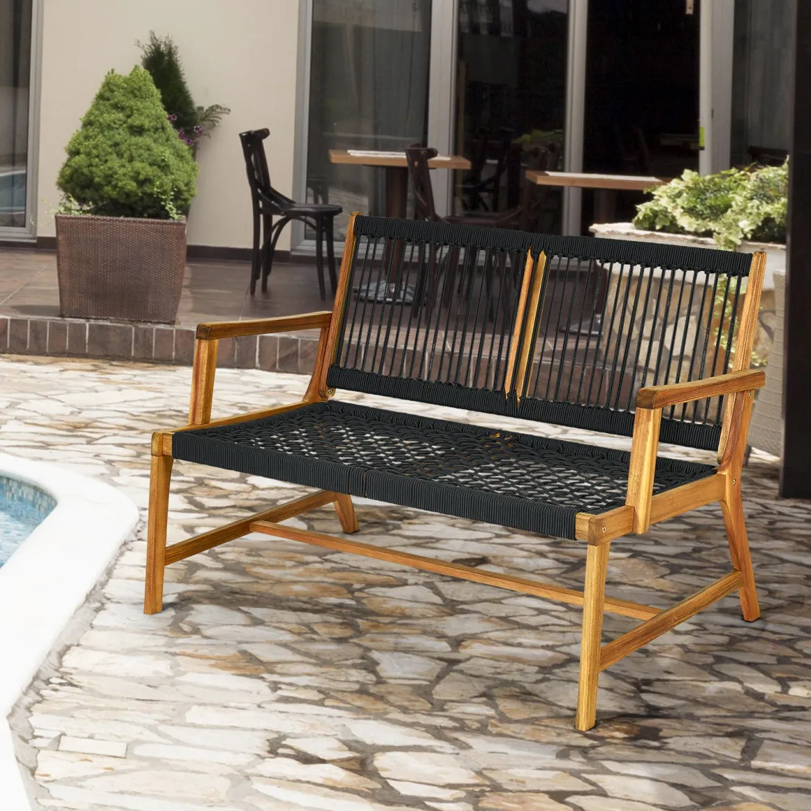Outdoor Terrassenbank Akazienholz-Bank Gartenbank Holz2 Sitzer 118 x 75 x 71 cm Schwarz + Natur
