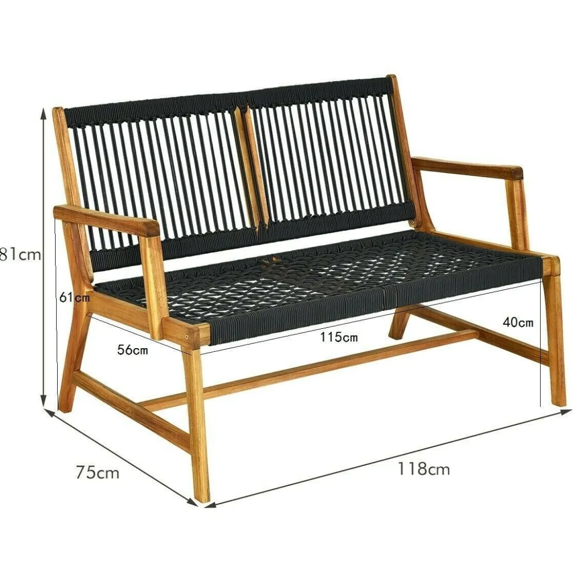 Outdoor Terrassenbank Akazienholz-Bank Gartenbank Holz2 Sitzer 118 x 75 x 71 cm Schwarz + Natur