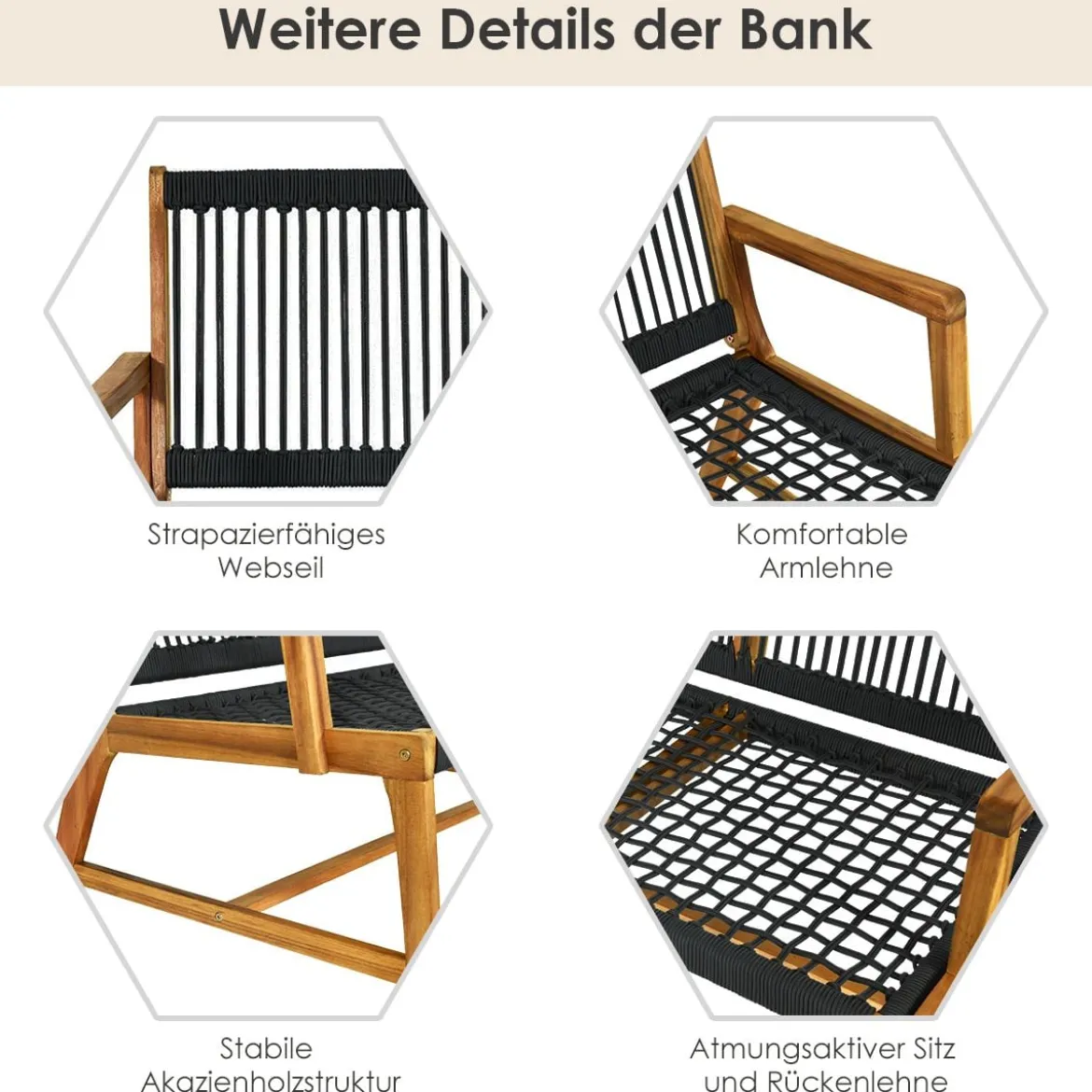 Outdoor Terrassenbank Akazienholz-Bank Gartenbank Holz2 Sitzer 118 x 75 x 71 cm Schwarz + Natur