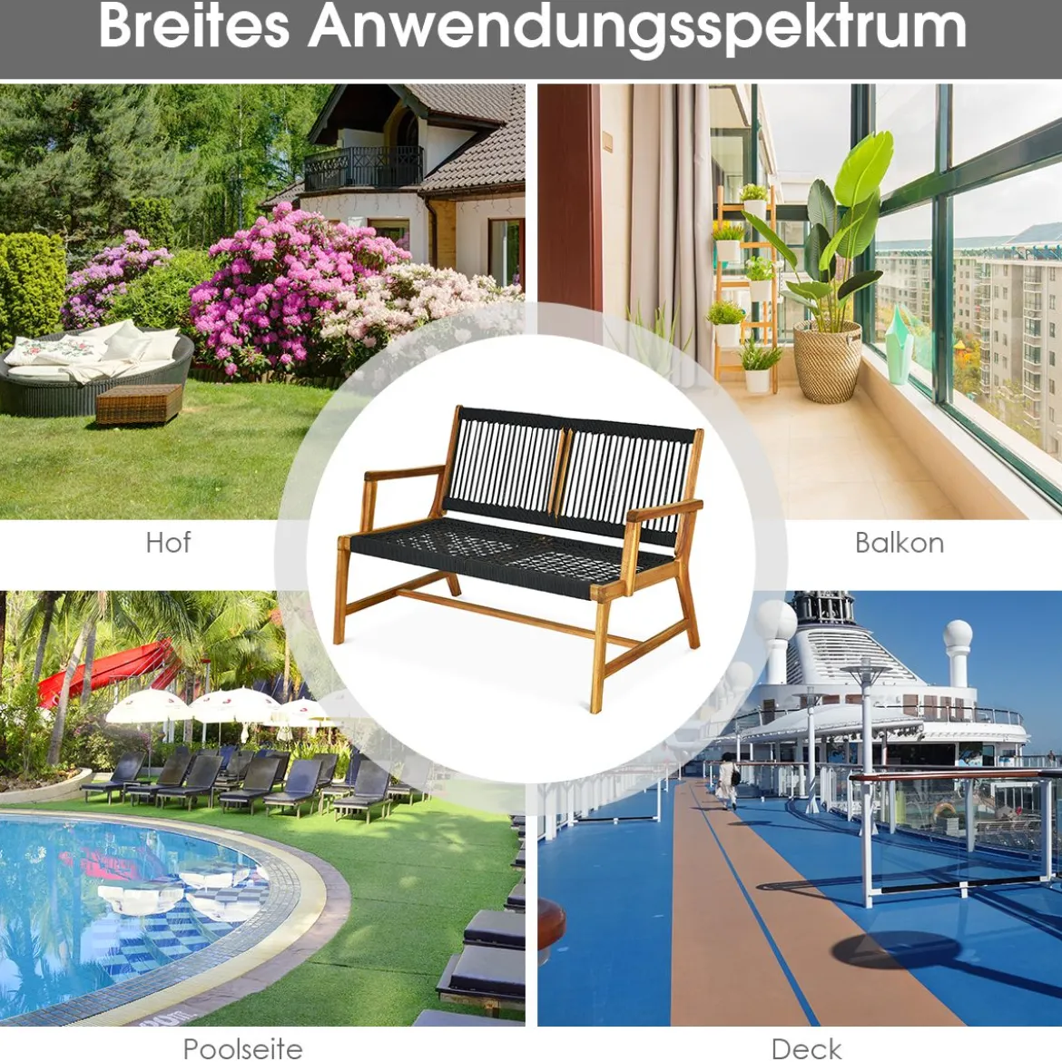 Outdoor Terrassenbank Akazienholz-Bank Gartenbank Holz2 Sitzer 118 x 75 x 71 cm Schwarz + Natur