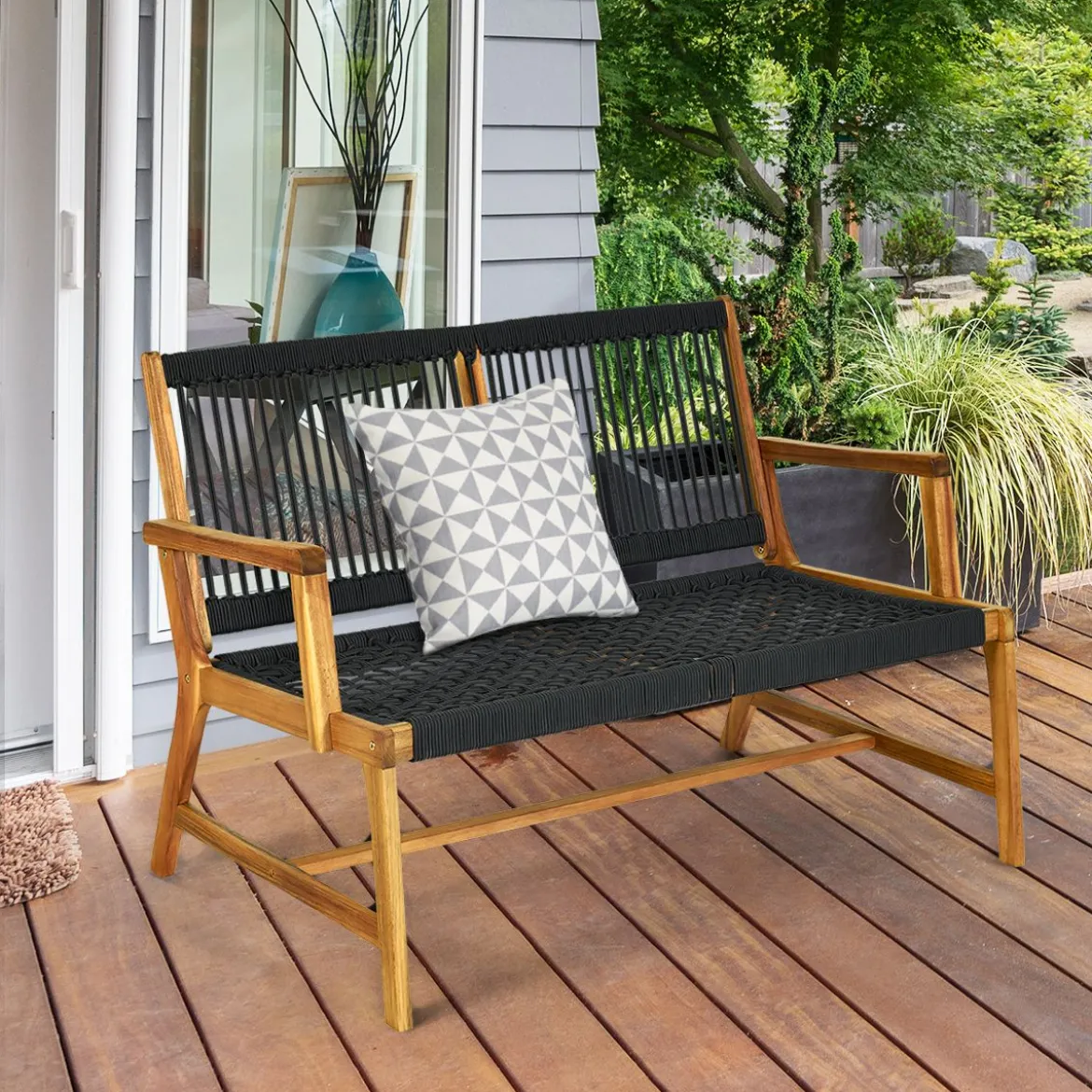Outdoor Terrassenbank Akazienholz-Bank Gartenbank Holz2 Sitzer 118 x 75 x 71 cm Schwarz + Natur