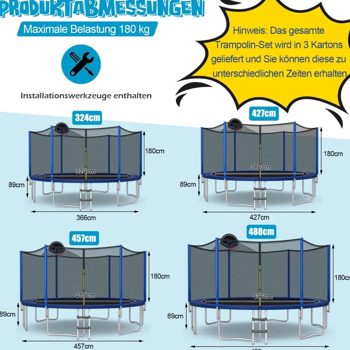 Outdoor-Trampolin Durchmesser 366 cm Gartentrampolin Schwarz + Blau