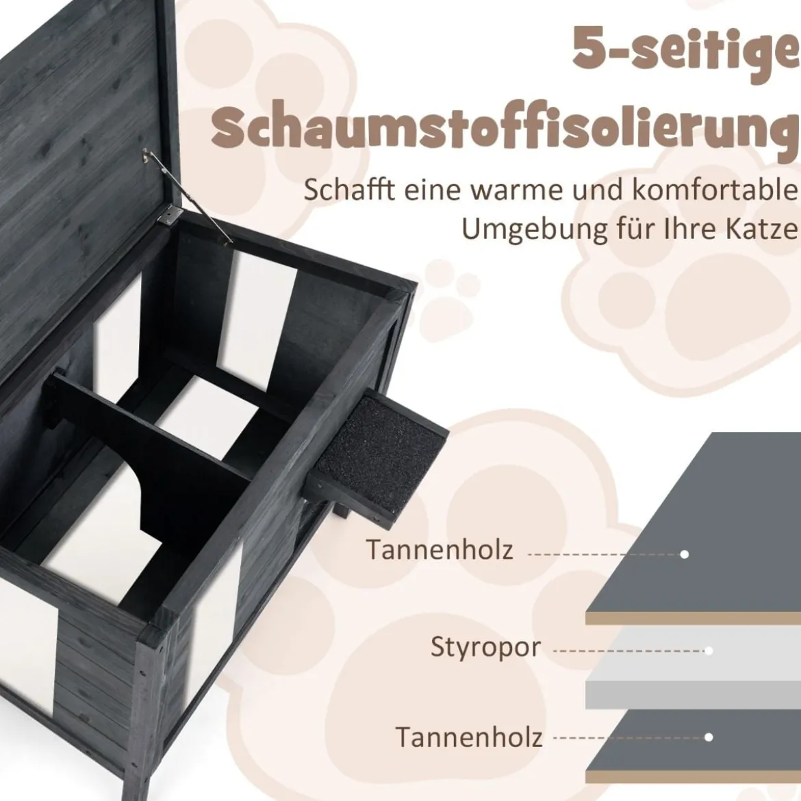Outdoor Winterfestes Katzenhaus mit Schaumisolierung & Aufklappbarem Asphaltdach & Fluchttür