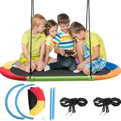 Ovale Nestschaukel Tellerschaukel mit 100-180cm höhenverstellbarem Seil für Indoor und Outdoor 150 x 80 cm Bunt