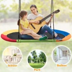 Ovale Nestschaukel Tellerschaukel mit 100-180cm höhenverstellbarem Seil für Indoor und Outdoor 150 x 80 cm Bunt
