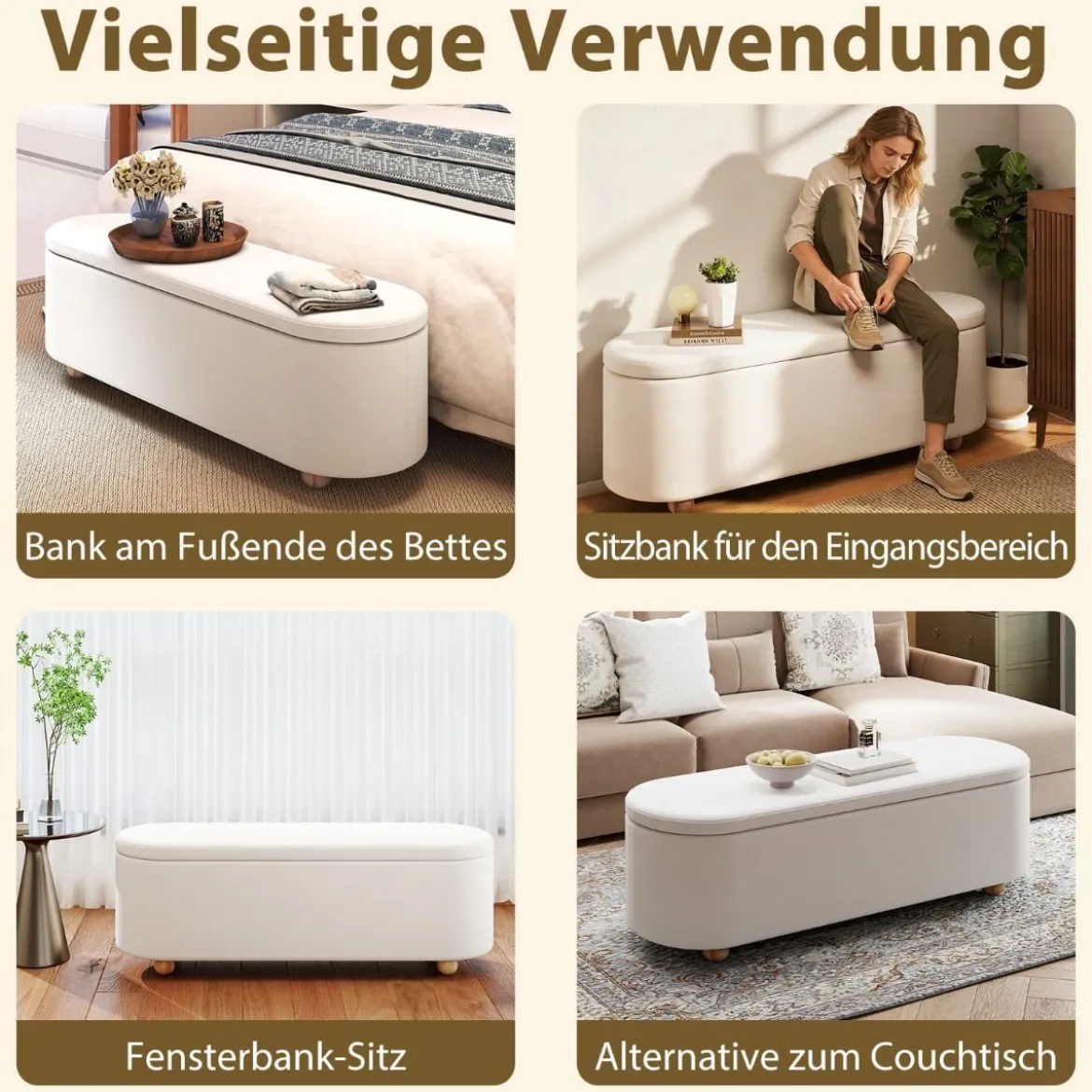 Ovaler Aufbewahrungsbank mit Klappdecke Gepolsterter Ottoman-Hocker Sitzbank 139cm lang