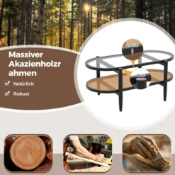 Ovaler Couchtisch Beistelltisch mit Glas Tischplatte & Rattan Ablage 102 x 56 x 47 cm Schwarz + Natur