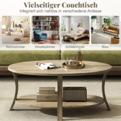 Ovaler Couchtisch mit Ablage Wohnzimmertisch 2-stöckiger Beistelltisch Sofatisch Kaffeetisch Eiche