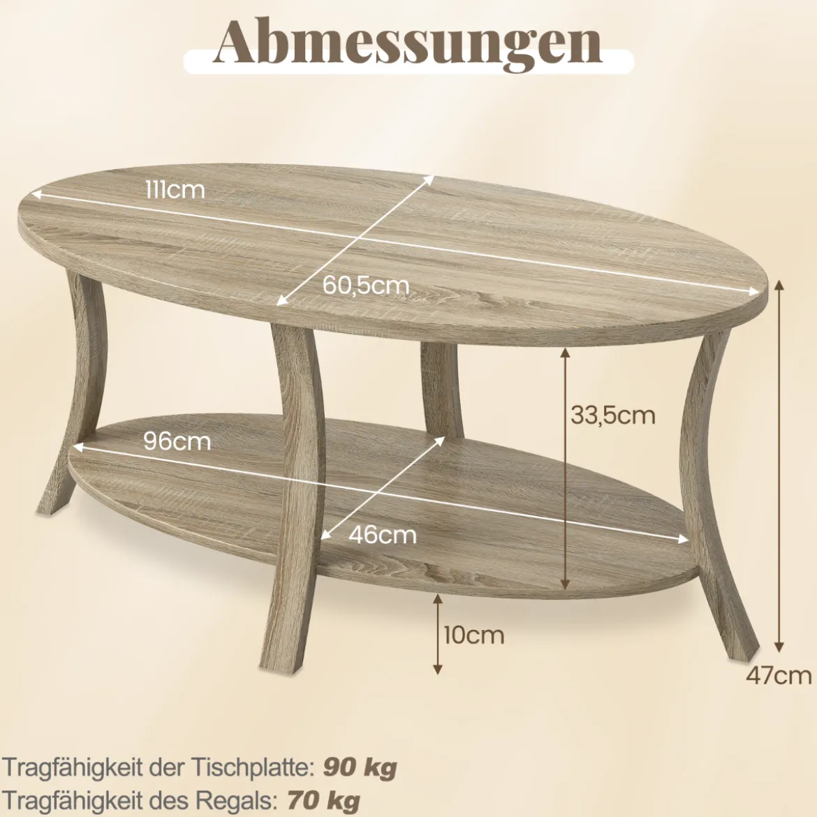 Ovaler Couchtisch mit Ablage Wohnzimmertisch 2-stöckiger Beistelltisch Sofatisch Kaffeetisch Eiche