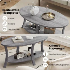 Ovaler Couchtisch mit Ablage Wohnzimmertisch 2-stöckiger Beistelltisch Sofatisch Kaffeetisch Grau